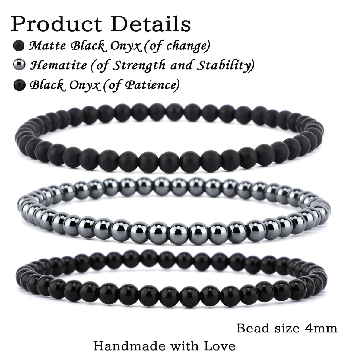 CMBYN 3-Pieces 4mm Natural Crystal Gemstone – ﻿Black Onyx, Hematite, Matte Black Agate Handmade Reiki Energy Healing Stretch Bracelets Jewelry for Yoga, Meditation, Unisex