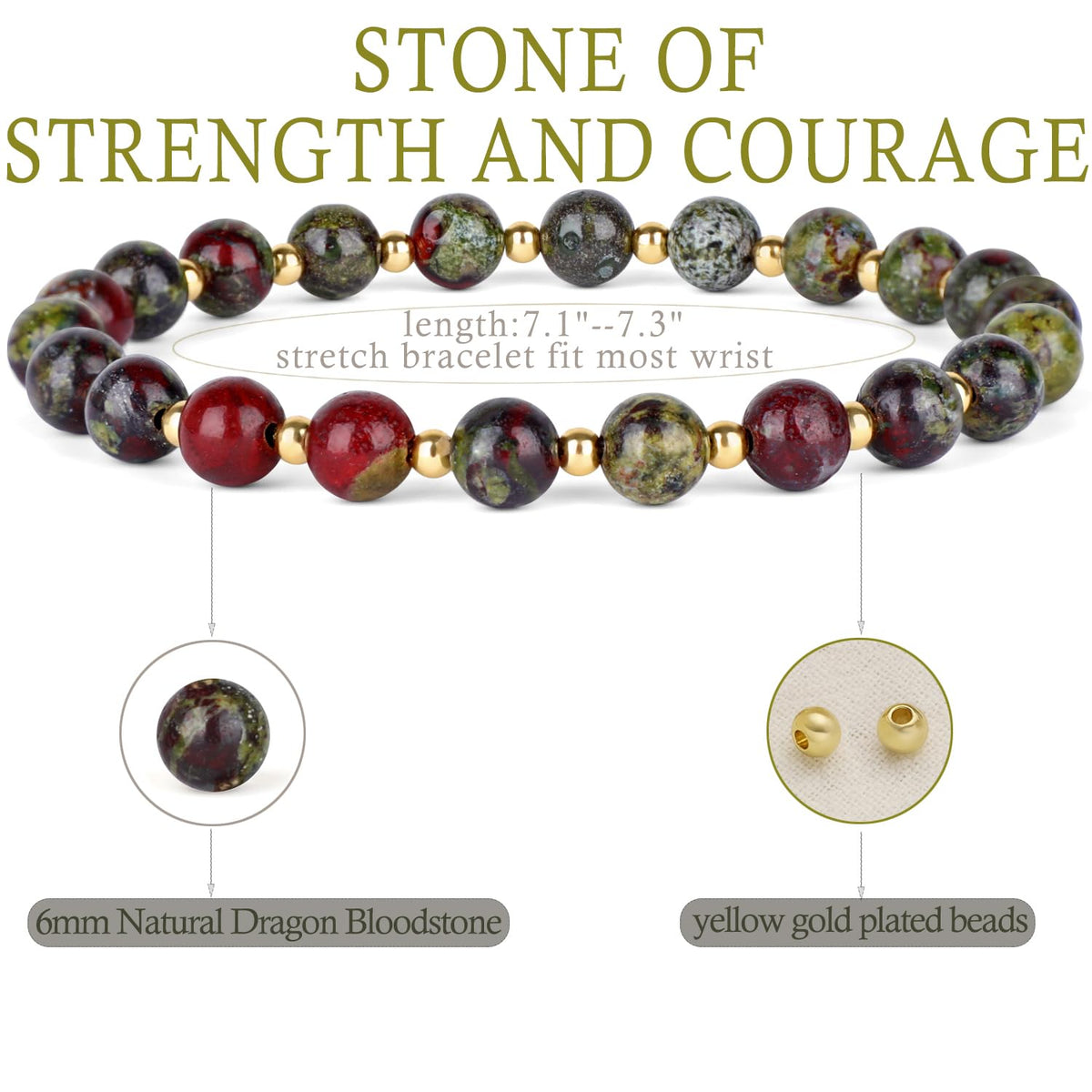 QOGIR Dragon Bloodstone - Strength and Courage - 14K Gold Plated Beads Natural Gemstone Stretch Elastic Dainty Healing Beaded Bracelets Gifts 6mm