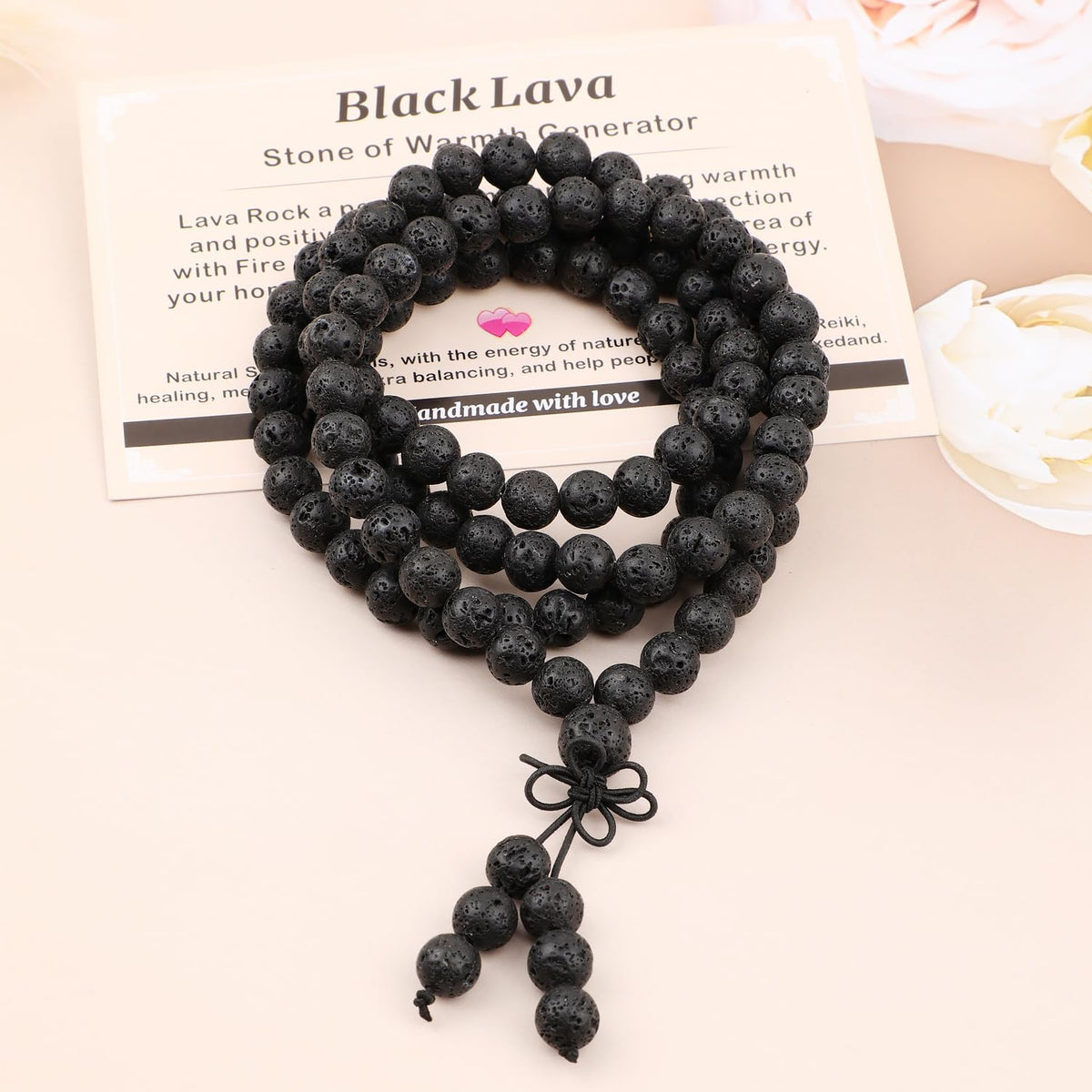 AD Beads 8mm 108 Prayer Mala Black Lava Elastic Bracelet - Warmth Generator - Handmade Yoga Meditation Healing Power Energy Gifts for Unisex Adult.