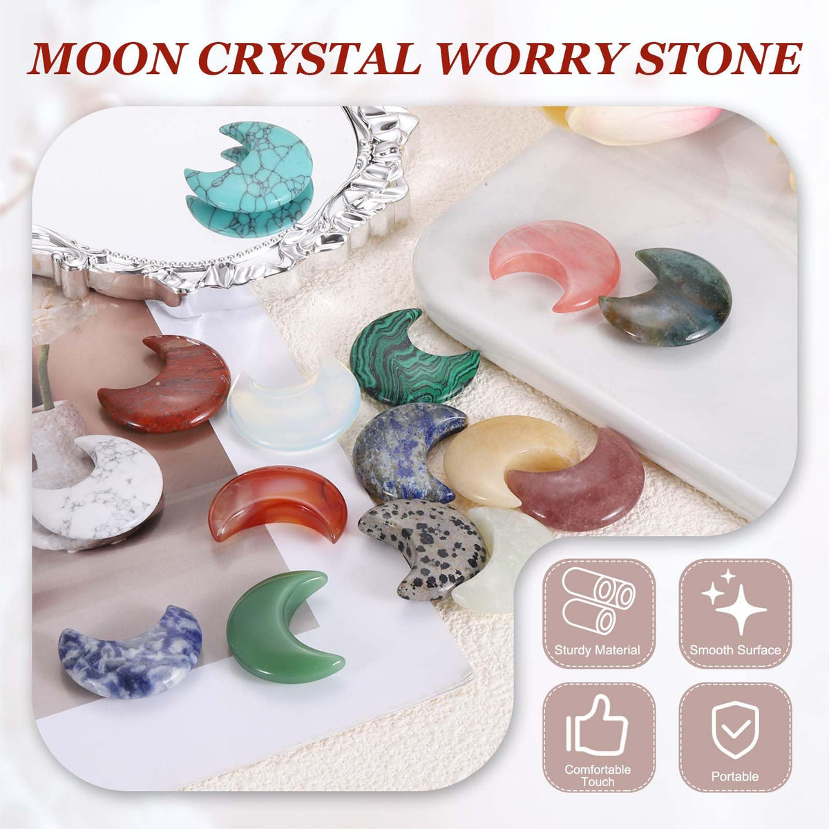 MECCANIXITY 10 Pcs Moon Crystal Worry Stone, 1.2 Inch Length Natural Red Jasper Moon Gemstone Bulk, Carved Pocket Stones for Meditation Balancing Pendant Decor