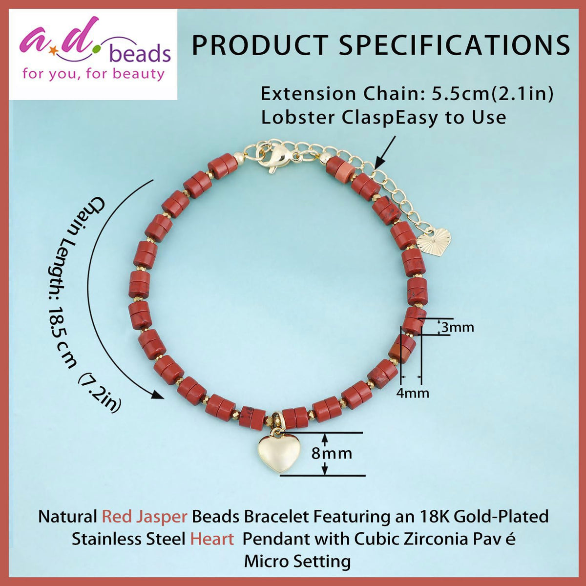 Natural Gemstone Healing Crystal Red Jasper Dainty Charms Heart Bracelet Adjustable Chain Extender Minimalist Jewelry
