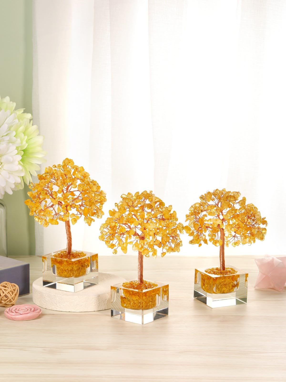 Jovivi Large Crystal Tree with Square Glass Base, Citrine Healing Crystals Tree Life Natural Chipped Gemstone Money Trees Feng Shui Good Luck Positive Energy Yellow Home Desk Decor
