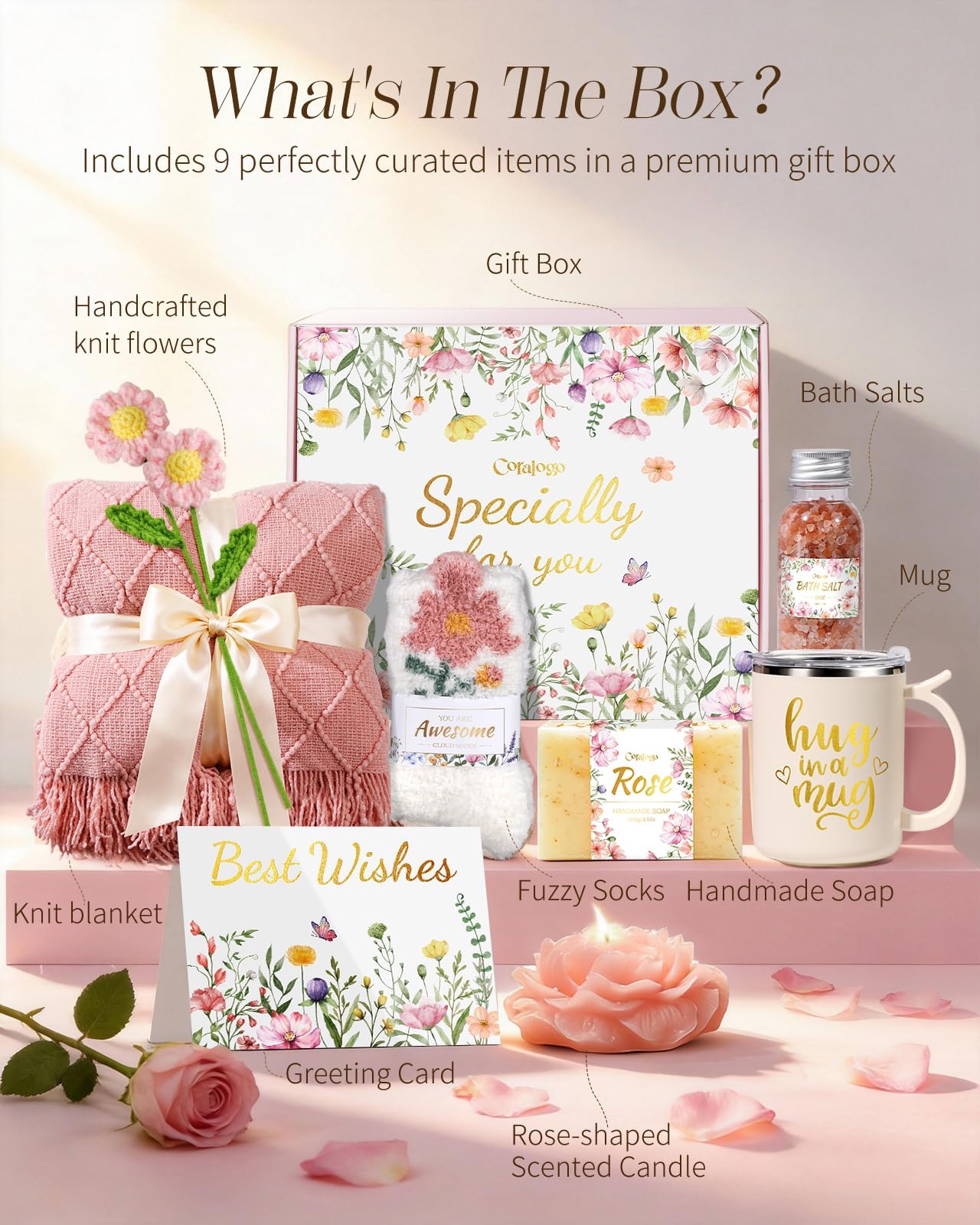 Coralogo Self Care Gift Baskets for Women - Rose Scent Pink Birthday Gifts Box for Women Get Well Soon Unique Mothers Day Relaxing Spa Gift Basket with Knit Blanket for Wife Mom Girlfriend Sister Her