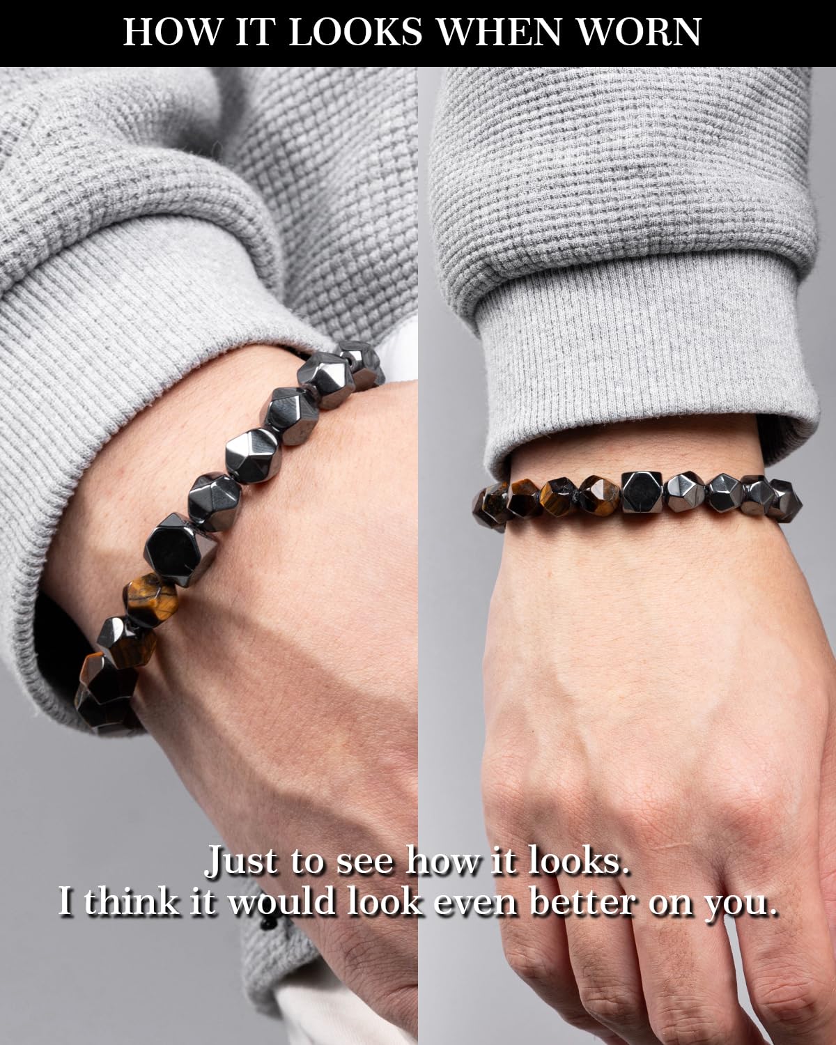 Beaded Bracelet for Men, 10mm Natural Stones Bracelet for Men's Gift, Adjustable Precision-Cut Gemstone Crystal Healing Bracelet, Protection Jewelry Gift with Hematite, Tiger Eye (Tiger Eye & Hematite)