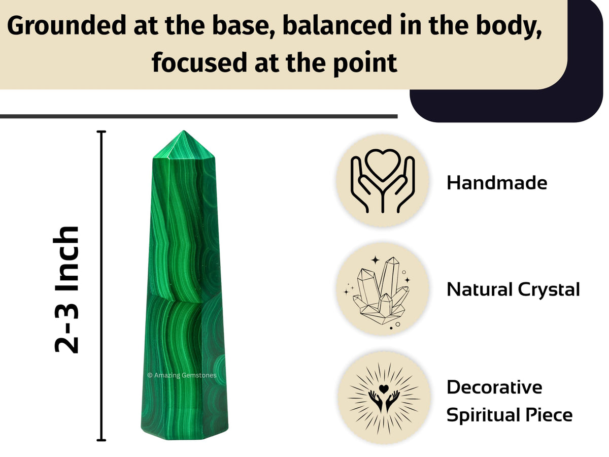 Amazing Gemstone Malachite Crystal Towers ~ Natural Healing Crystal Point Obelisk for Reiki Healing and Crystal Grid (2" to 3" INCH)