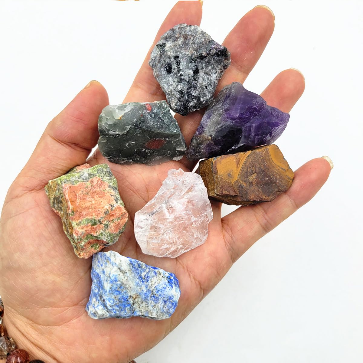 7Pcs Rocks for Tumbling,Energy Raw Crystals Set of Clear Quartz,Lapis Lazuli,Amethyst,Unakite,Africa Bloodstone,Tiger's Eye,Flame Yooperlite (Crystals for Tumbling)