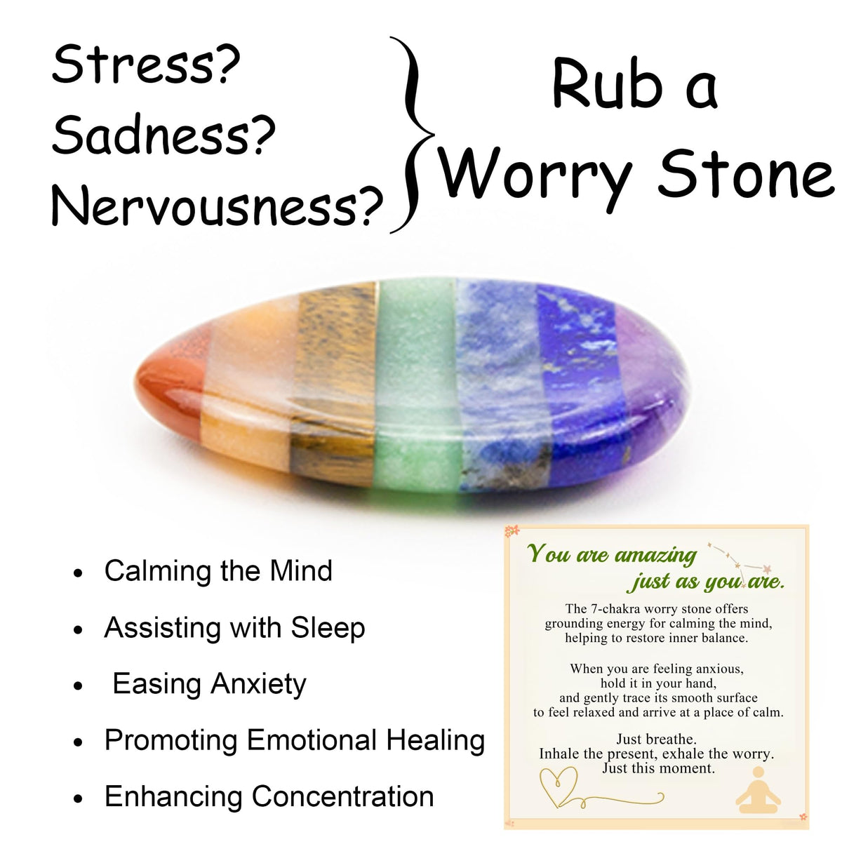 NUKAYAI Thumb Worry Stone for Anxiety 7Chakra Teardorp Crystals Healing Stones Meditation Accessories Calm Mental Health Gifts Real Natural Hand Carved Spiritual Decor Anxiety Depression Relief Items