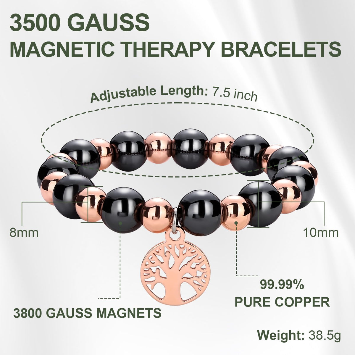 Fashtour Copper Beads Bracelet for Women and Men, Adjustable 99.99% Pure Copper Beads with 10mm Hematite Stones, Magnetic Beaded Jewelry Gift with Tree of Life Charm (10mm)