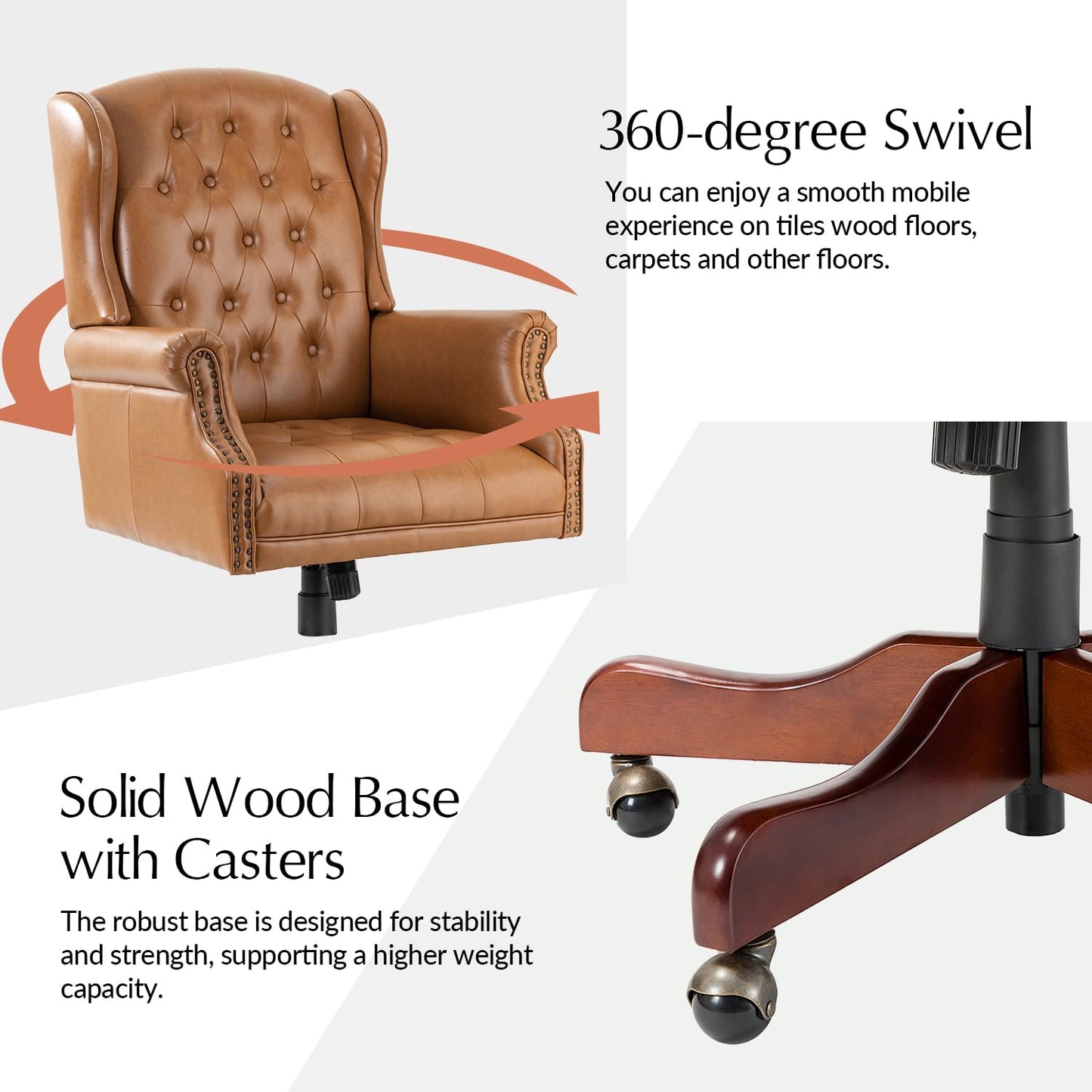 HULALA HOME Tufted PU Leather Office Chair with Wingback and Nailhead Trim, Adjustable Swivel Desk Chair with Rolled Armrests and Casters, Vintage Style(Camel)