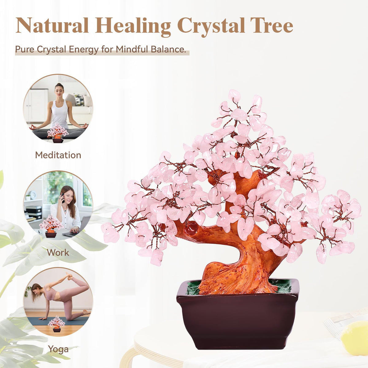AzureLeap Feng Shui Natural Rose Pink Quartz Crystal Money Tree Bonsai Style Decoration for Wealth and Luck (Pink)