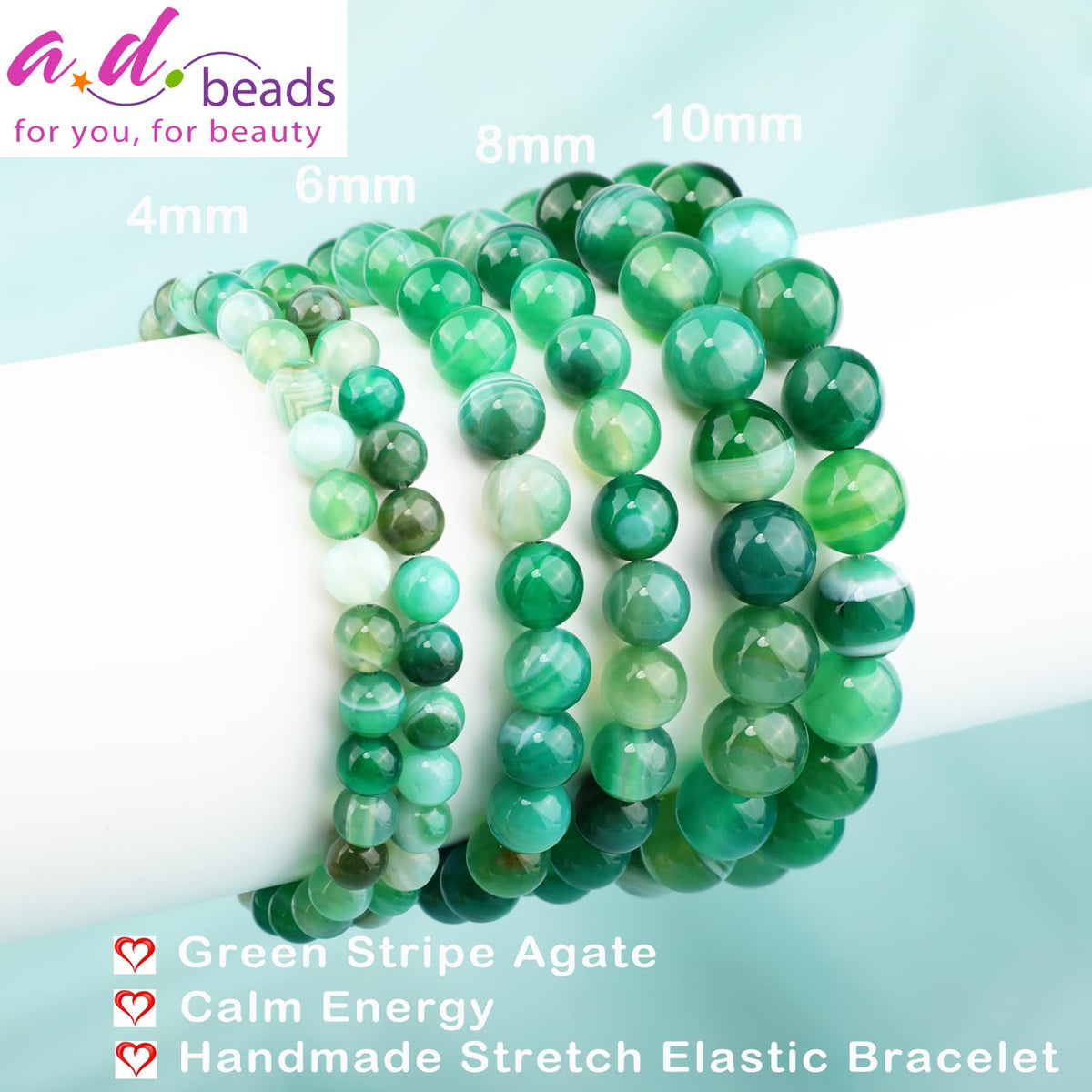 AD Beads 4mm Handmade Green Stripe Agate Elastic Bracelet – Natural Gemstone for Calm energy – Meditation, Yoga, Healing and Energy Gift for Men Women