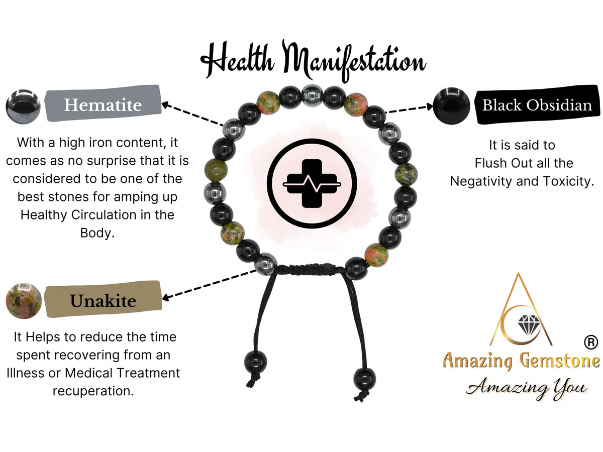 Amazing Gemstone Health Bracelet - Unakite Black Obsidian Hematite Bracelet Set for Men Women Healing Calming Anxiety Stress Relief Gifts Pulseras Para Hombres Mujer Stocking Stuffers (Adjustable)