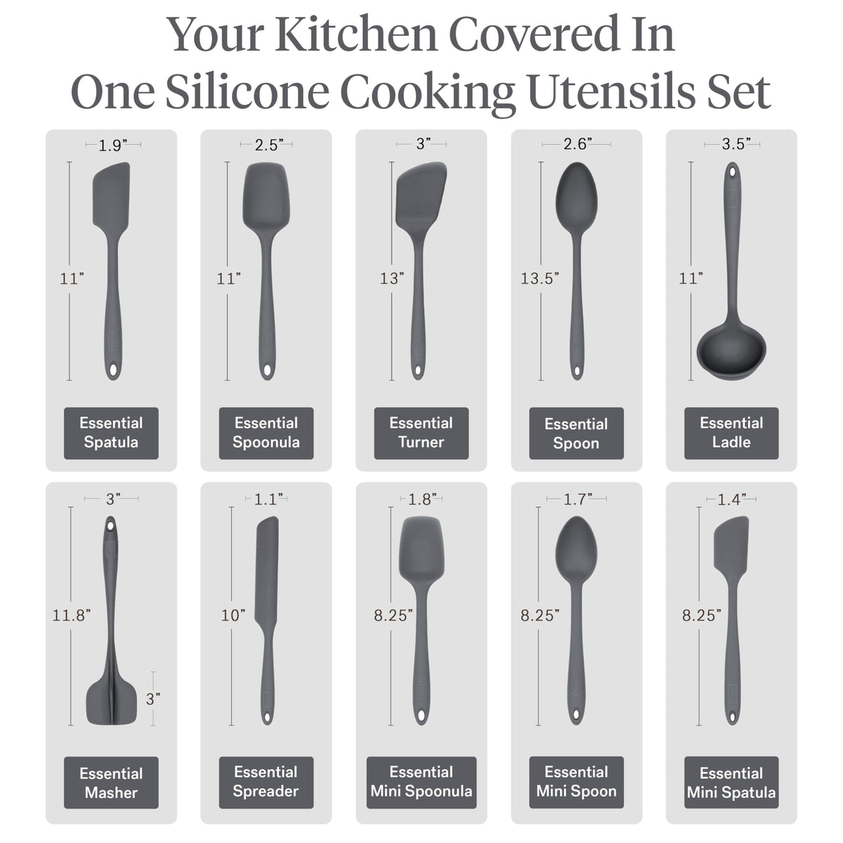 GIR: Get It Right 10-Piece Silicone Essentials Kitchen utensils set - Ladle, Spatula, Flip, Spoon & Spoonula - Non toxic cooking utensils for Nonstick Cookware, Cooking and Baking - Charcoal