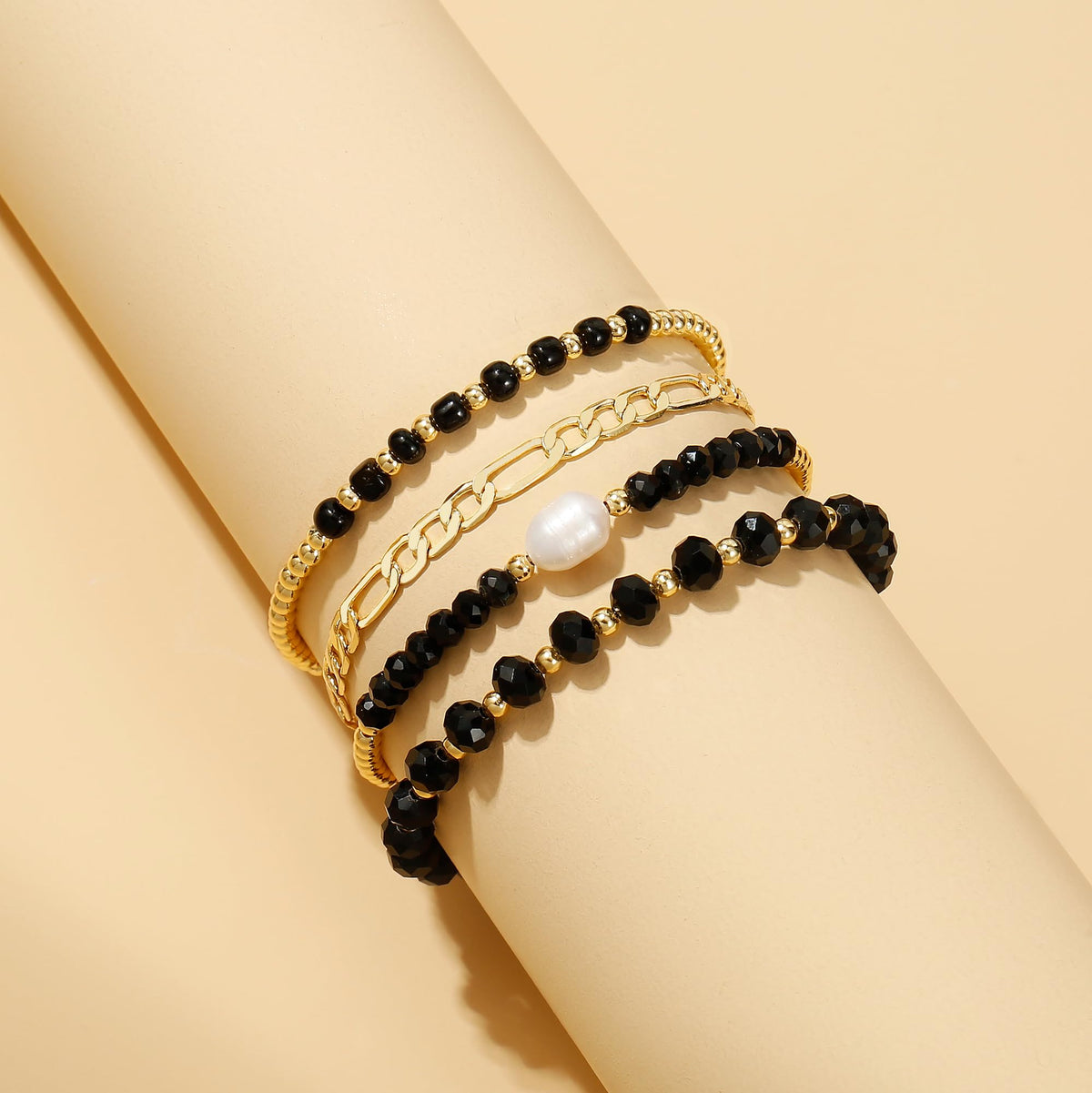 Badu Gold Bracelets for Women Boho Black Crystal Multiple Layered Stackable Wrap Beaded Bangle Set Cuban Chain Trendy Jewelry