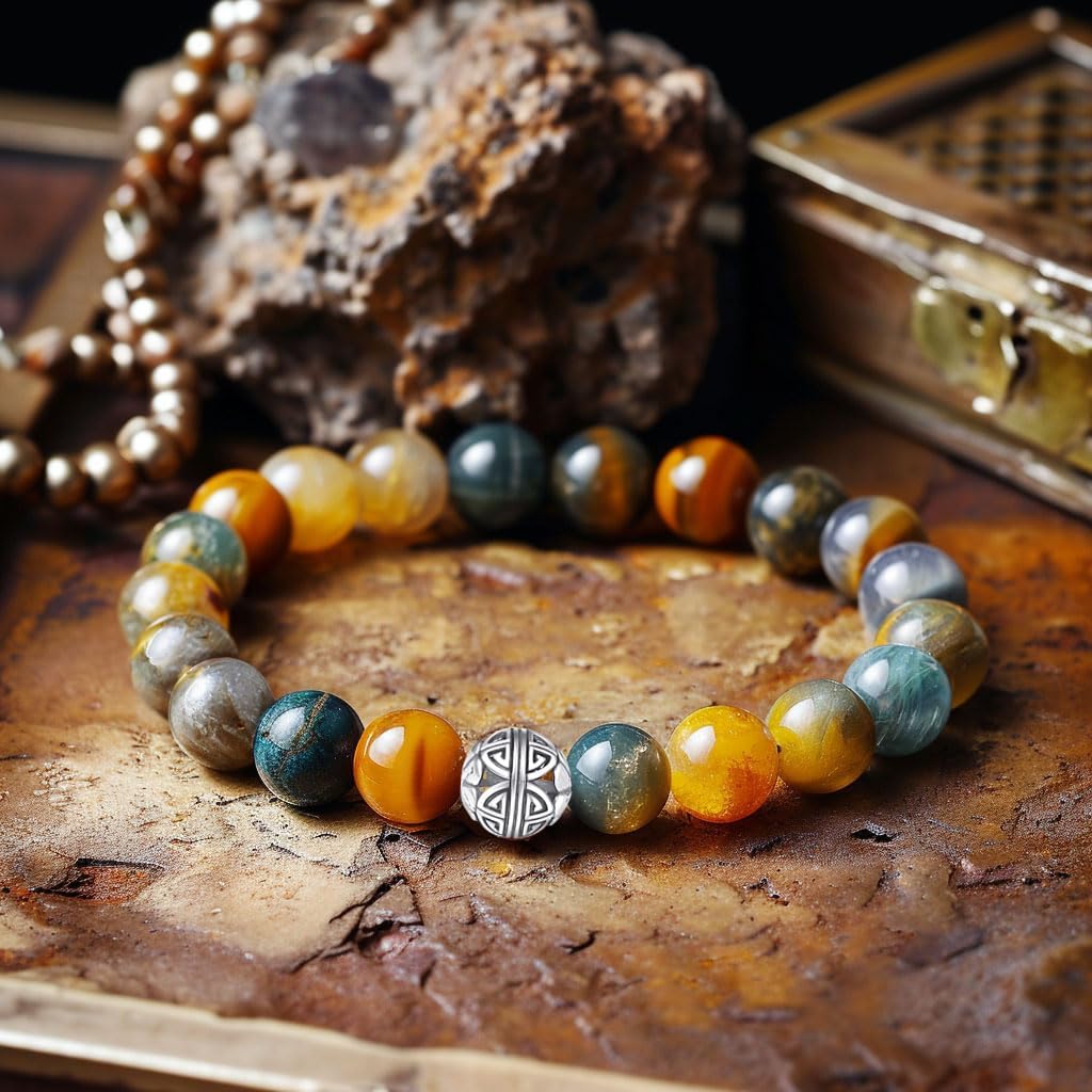 MetJakt Healing Crystals Beaded Bracelets for Womens Natural Gemstone 8mm Beads Stretch Bracelets with 925 Sterling Silver Double Happiness Pendant (Fantastic Tiger Eye Stone)