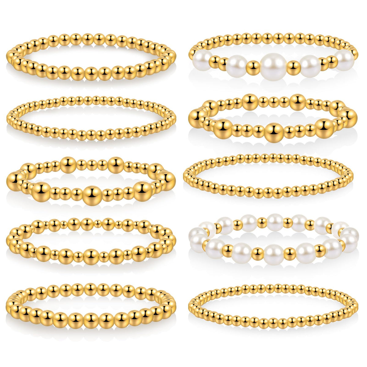 Ecation 10 Pcs Beaded Bracelets for Women Chunky Stacking Plated Bead Ball Stretchable Bracelets Set Natural Pearl Jewelry(Gold)