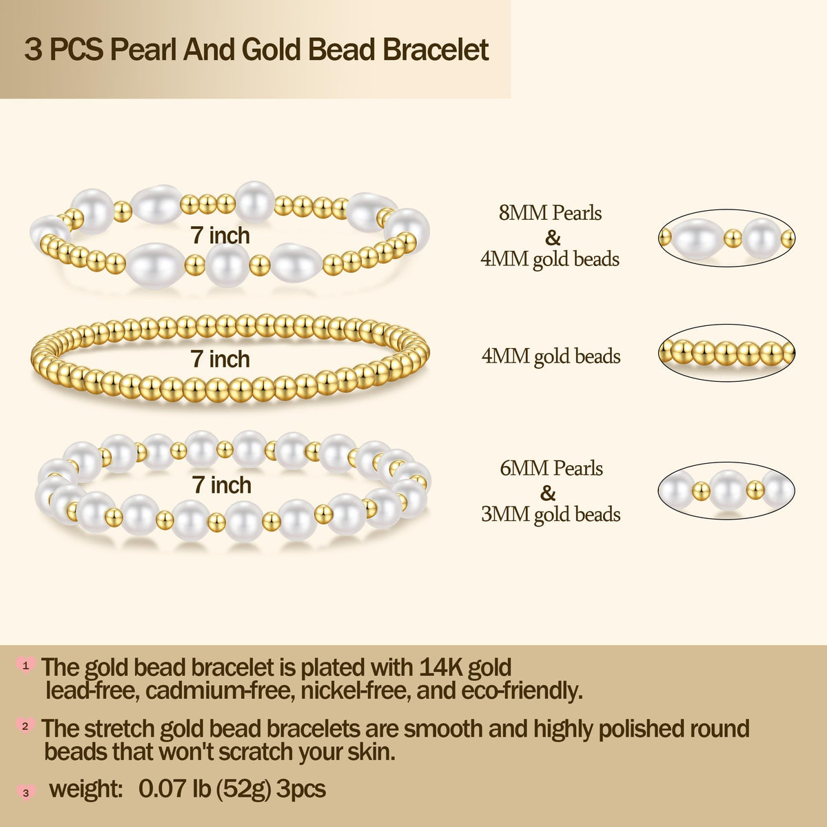 Gold Pearl Bracelets for Women Baroque Beaded Stackable14K Gold Plated Stretch Bead Ball Bracelet Jewelry Gifts （3PCS)