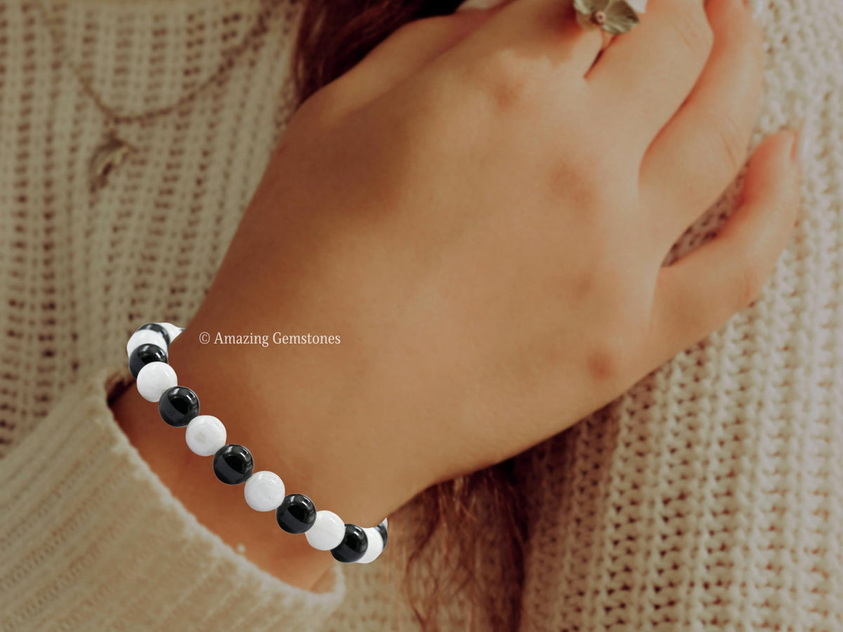 Amazing Gemstone Crystal Bracelet for Women Men's Gifts - Protection Healing Crystal Bracelet - 8mm Gemstone Beaded Stretchable Bracelet Pulseras Para Hombres Mujer Stocking Stuffers Mothers Day Gift (Black Tourmaline Selenite)