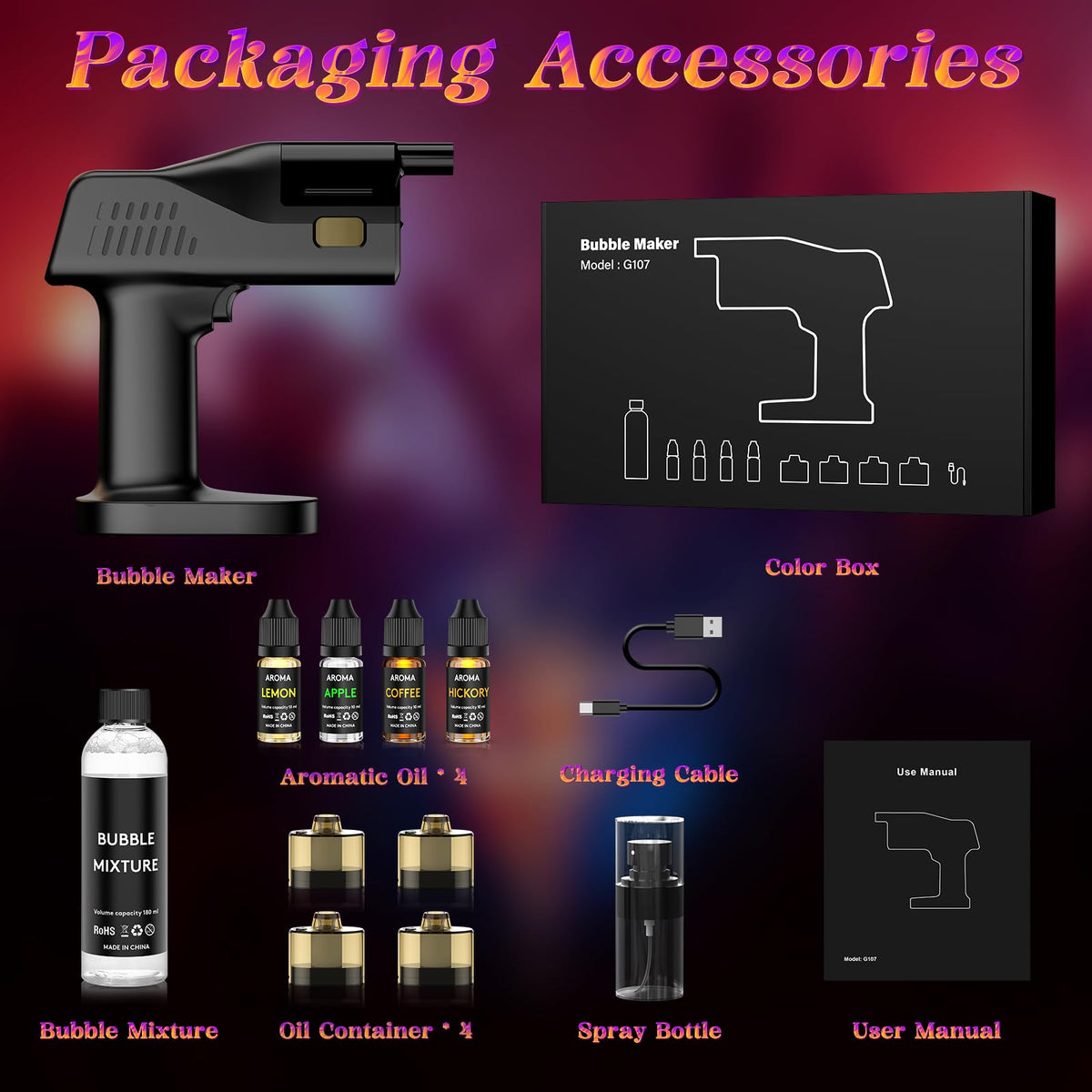 Electric Cocktail Smoke Bubble Gun Kit - Aroma Blaster with 4 Flavor Oils & Edible Bubbles | 5000mAh Rechargeable, Color Screen | Smoker for Whiskey, Food, Drinks | Great Gift for Dad, Men, Bartender