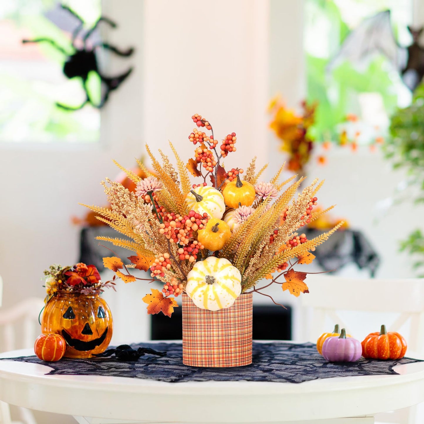 SY Super Bang Fall Decor, 12" Artificial Yellow/White Pumpkin Berry Maple Tree Table Decorations, for Autumn Halloween Thanksgiving Home Farmhouse Harvest Holiday Party Centerpieces Decor.