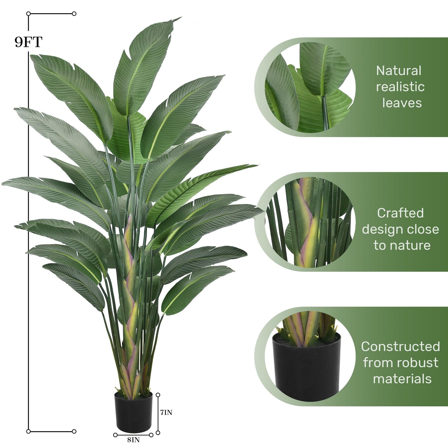 9FT Artificial Bird of Paradise Tree 106 Inch Large Faux Silk Plants Banana Leaf with 25 Trunks in Black Pot for Home Decor Living Room Office Bedroom