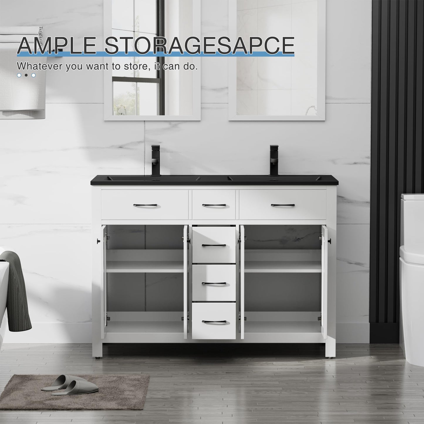 LUCKWIND 48" Modern Bathroom Vanity with Sink Combo, Contemporary Painted Storage Cabinet and Double Black Sink, Include Soft-Closing Doors & Matte Black Faucet, White