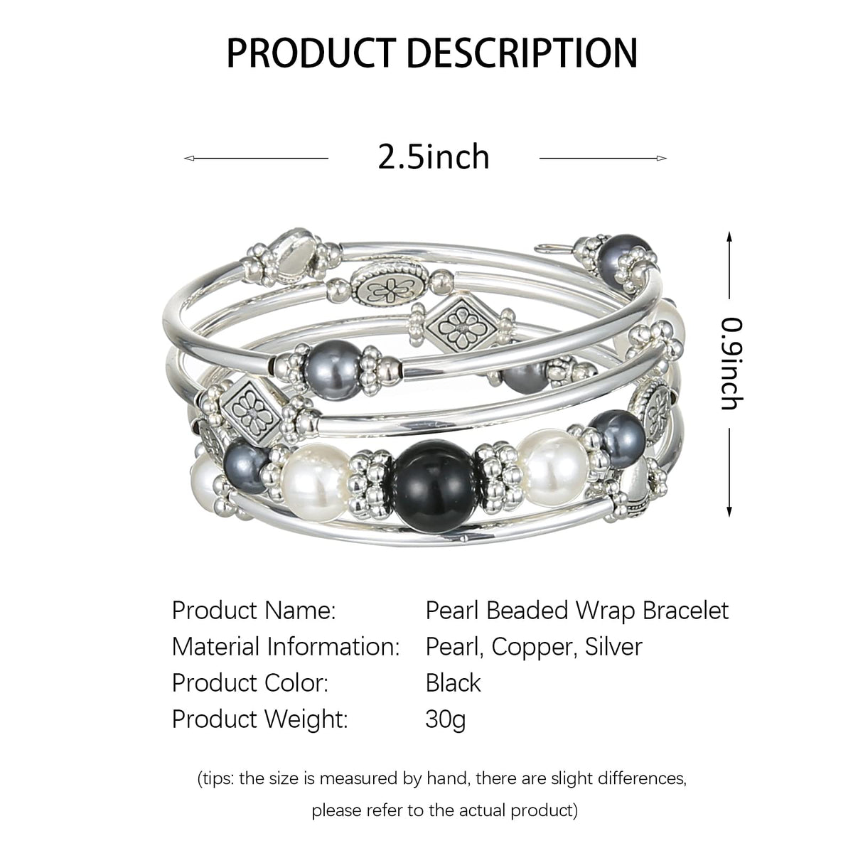 FULU AUTUMN Beaded Pearl Bangle Bracelets for Women Silver Wrap Bangles Bracelet Womens Costume Jewelry Fashion Gift(18-Black)