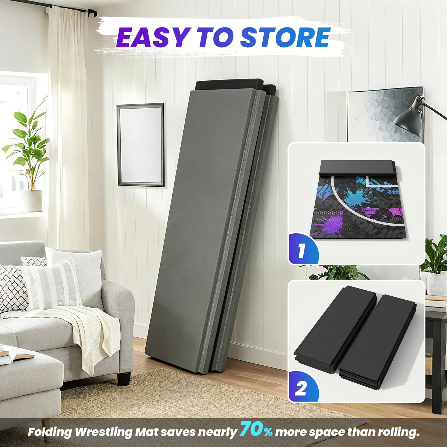 VOVERTAC Foldable Wrestling Mat - 3cm Thick Foam BJJ Mats for Home, Folding Wrestling Mats for Garage, Non-Slip Jiu Jitsu Mats for Grappling, Judo, Martial Arts, Kids & Outdoor