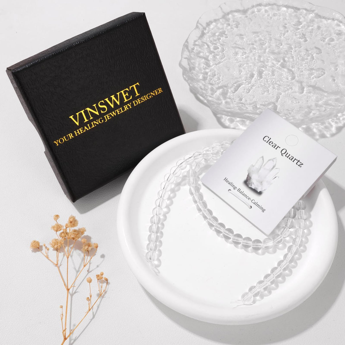 Vinswet 60pcs 6mm Clear Quartz Natural Stone Beads Round Genuine Real Stone Beading Loose Gemstones DIY Smooth Bead for Bracelet Necklace Earrings Jewelry Making