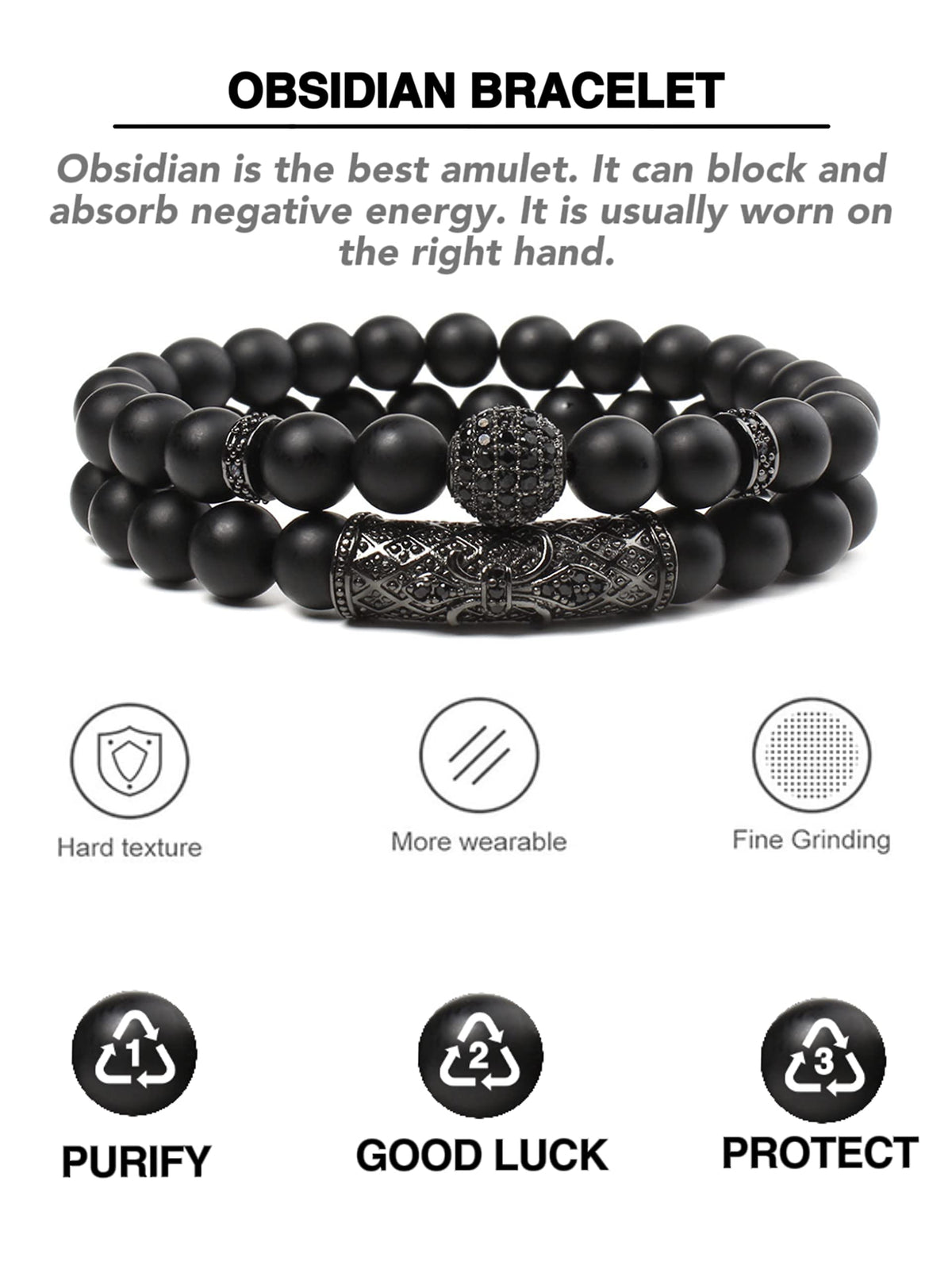 GDLKPYHS Blak Obsidian Bracelet, Handmade Beaded Bracelet 8MM Crystal Beads,Adjustable Stretch Bracelets,Protection Bracelet,Bring Good Luck, Prosperity and Happiness, Men's and Women's Gifts