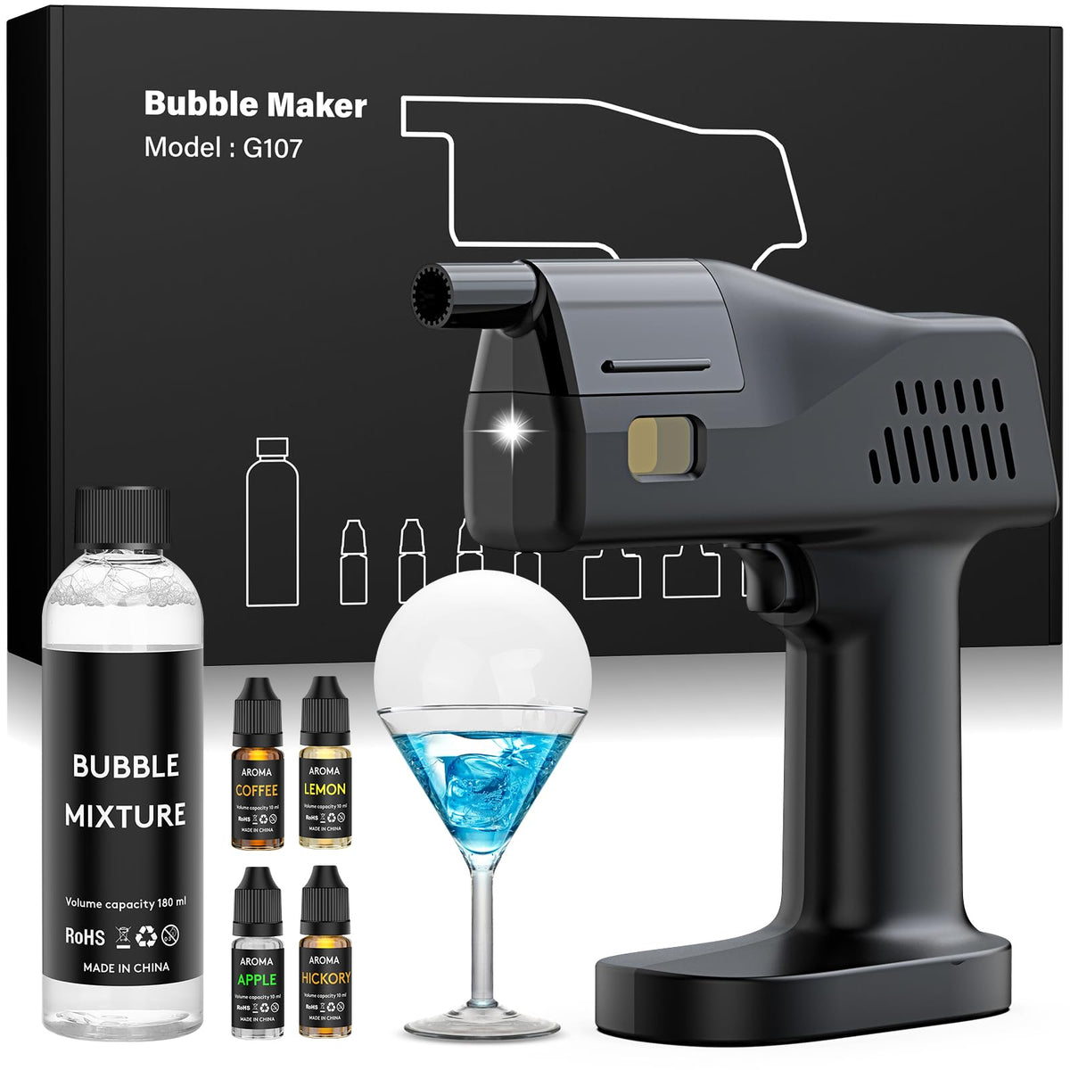 Electric Cocktail Smoke Bubble Gun Kit - Aroma Blaster with 4 Flavor Oils & Edible Bubbles | 5000mAh Rechargeable, Color Screen | Smoker for Whiskey, Food, Drinks | Great Gift for Dad, Men, Bartender