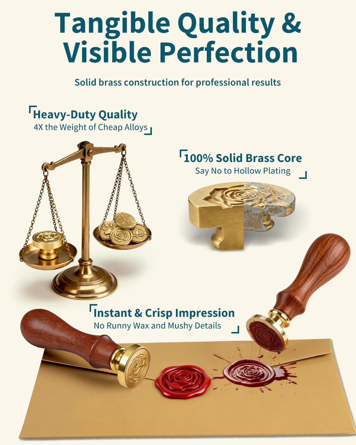 Wax Seal Stamp Kit for Beginners: Wax Sealing Tool Set 3 Brass Stamp Heads with Unique Patterns, 200 Beads, 5 Envelopes & Instructions for Wedding Invitations, DIY Letters & Gift Decoration