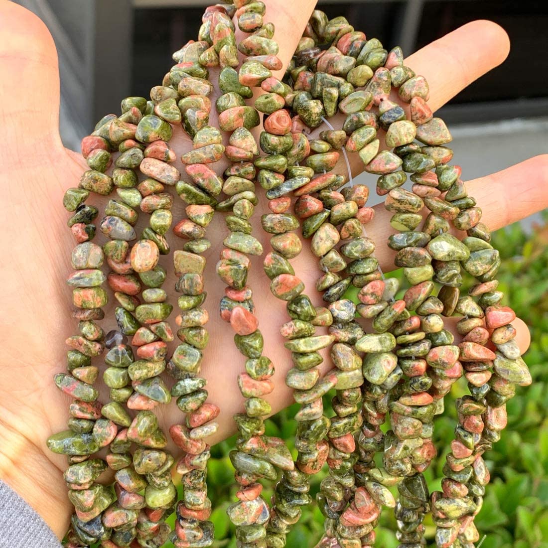 HAAMIIQII 5-8mm Natural Unakite Jasper Chips Loose Gemstone Beads for Jewelry Making - Irregular Chip Stones Energy Healing Strand 30 Inch