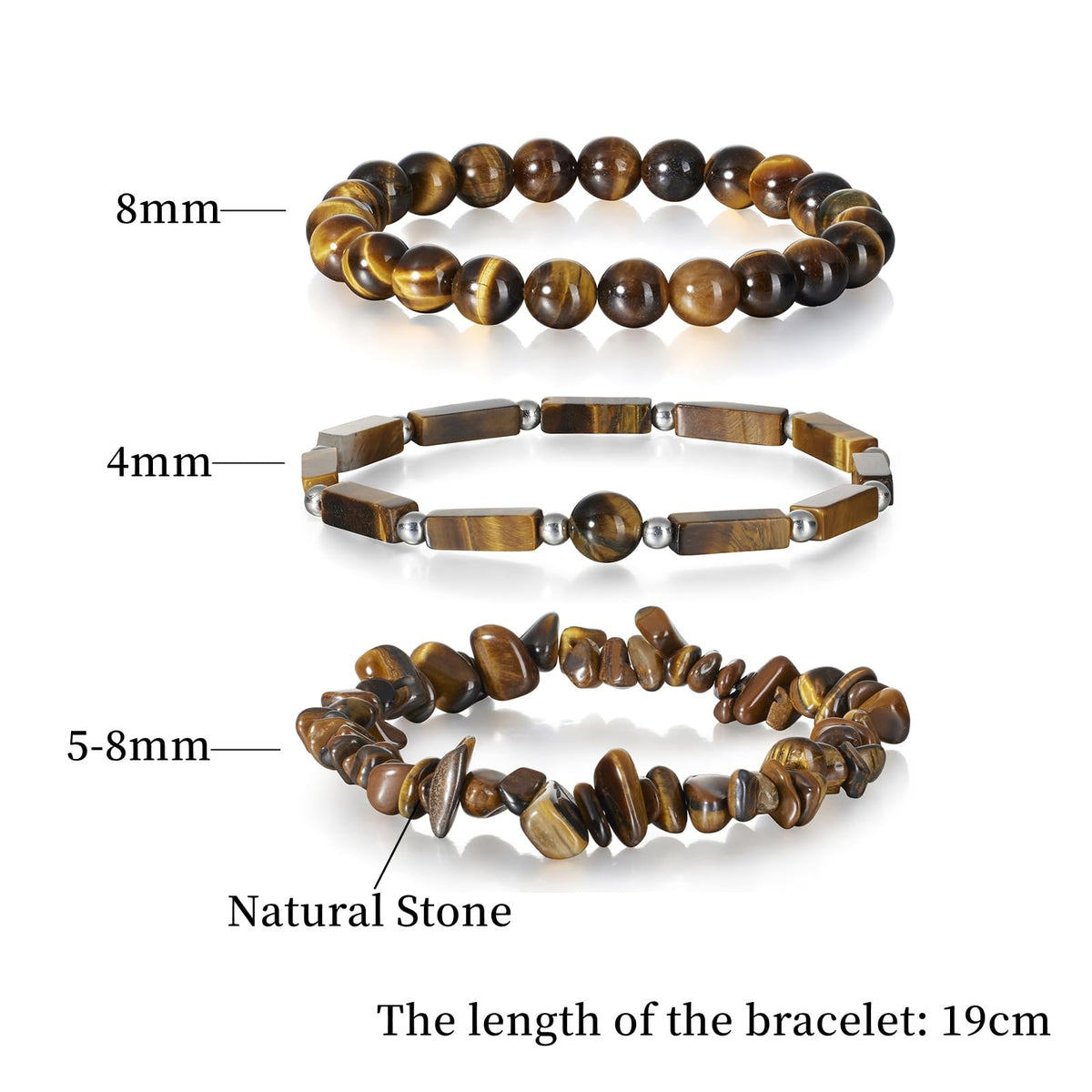 IVY TAILI 3Pcs Tiger Eye Bracelet for Men 8mm Gemstone Bracelet Natural Stone Beaded Bracelets Handmade Stretch Crystal Bracelets Christmas Gifts for Women Girls