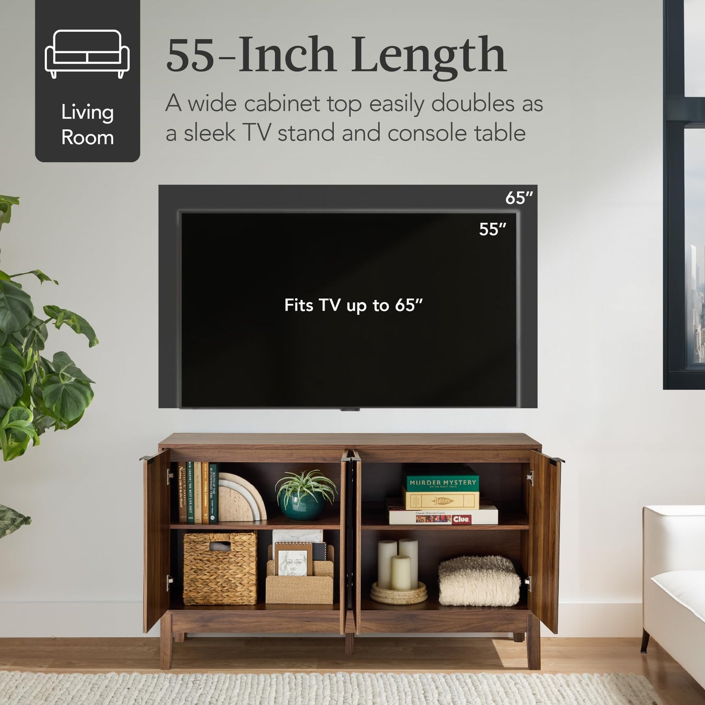 Best Choice Products 55" Modern 4-Door Sideboard Storage Cabinet, Buffet, Media Cabinet, Cupboard, Entryway Accent Table, Bookcase w/Reed Panels and Adjustable Shelves – Walnut