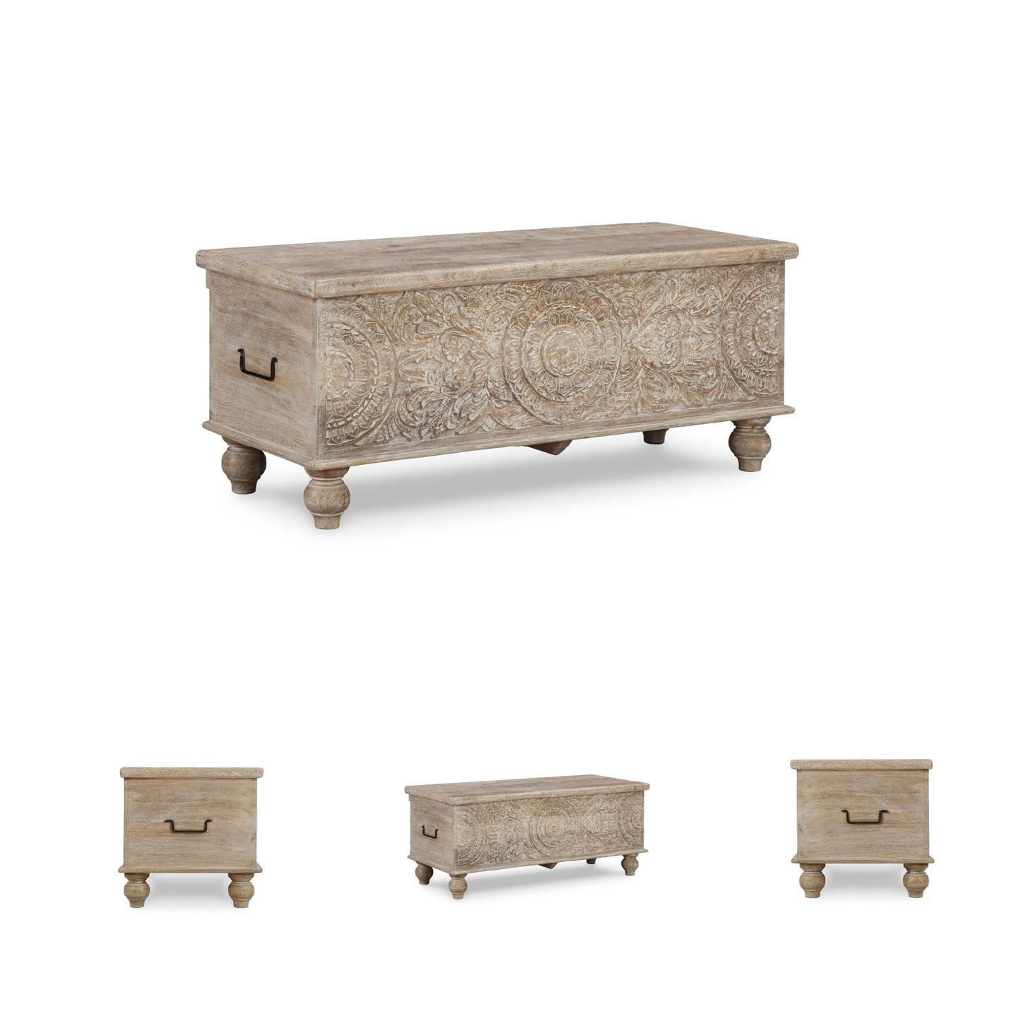 Signature Design by Ashley Fossile Ridge Boho Carved Wood Storage Bench with Hinge Top, Beige