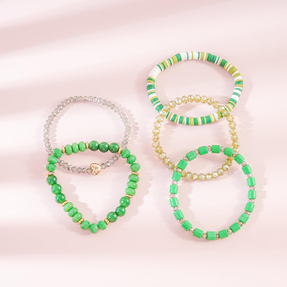 RISHEGAE Green Crystal Heishi Beaded Bracelet for Women St Patricks day Bracelets Layering Friendship Summer Beach Stretch Bracelet for Women Trendy