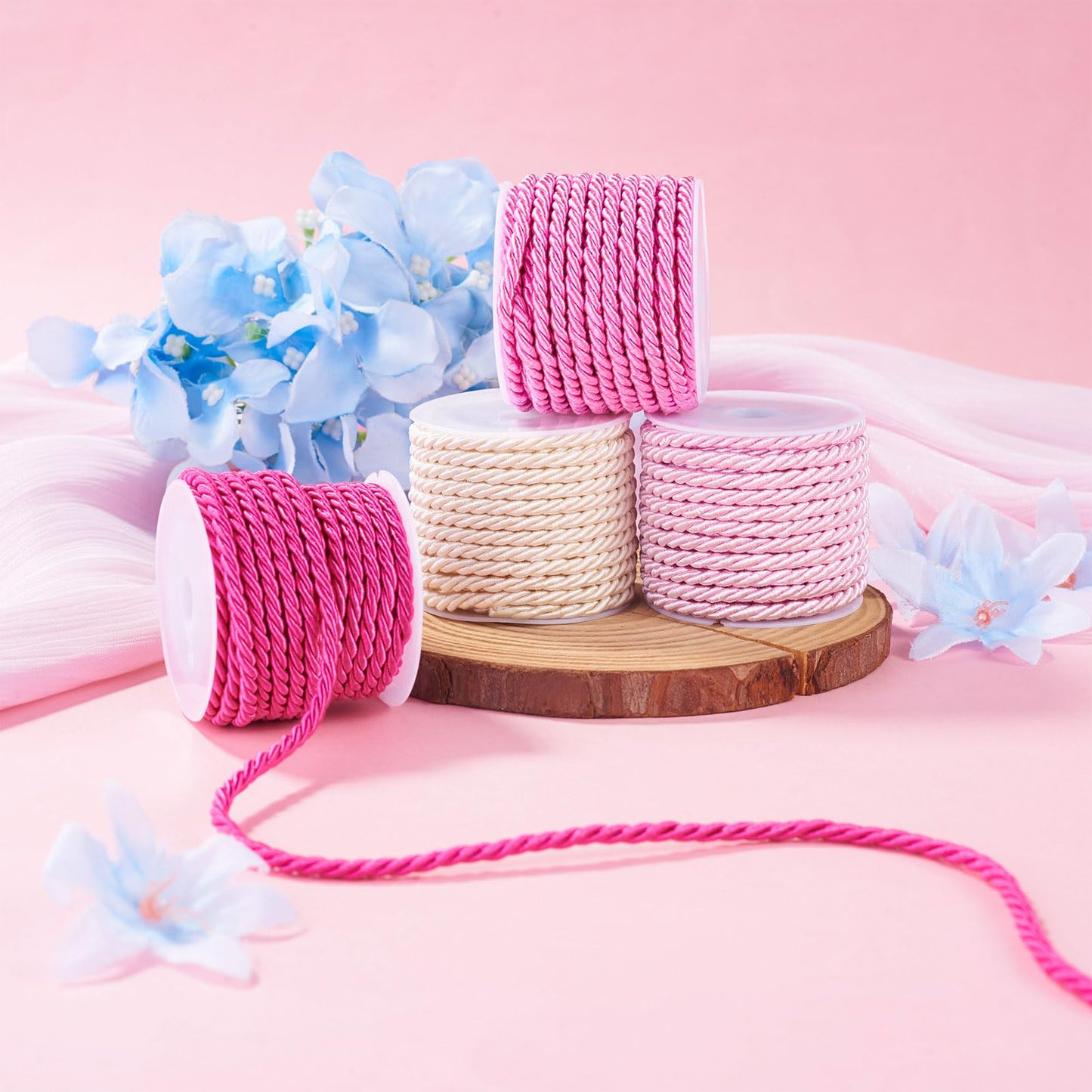 4 Rolls Polyester Twine Cords Trim 3mm 5.4yards Braided Macrame Cord Braided Twisted Silk Rope for Knitting Bag Wall Hangings Plant Hangers Handmade Macrame Supplies