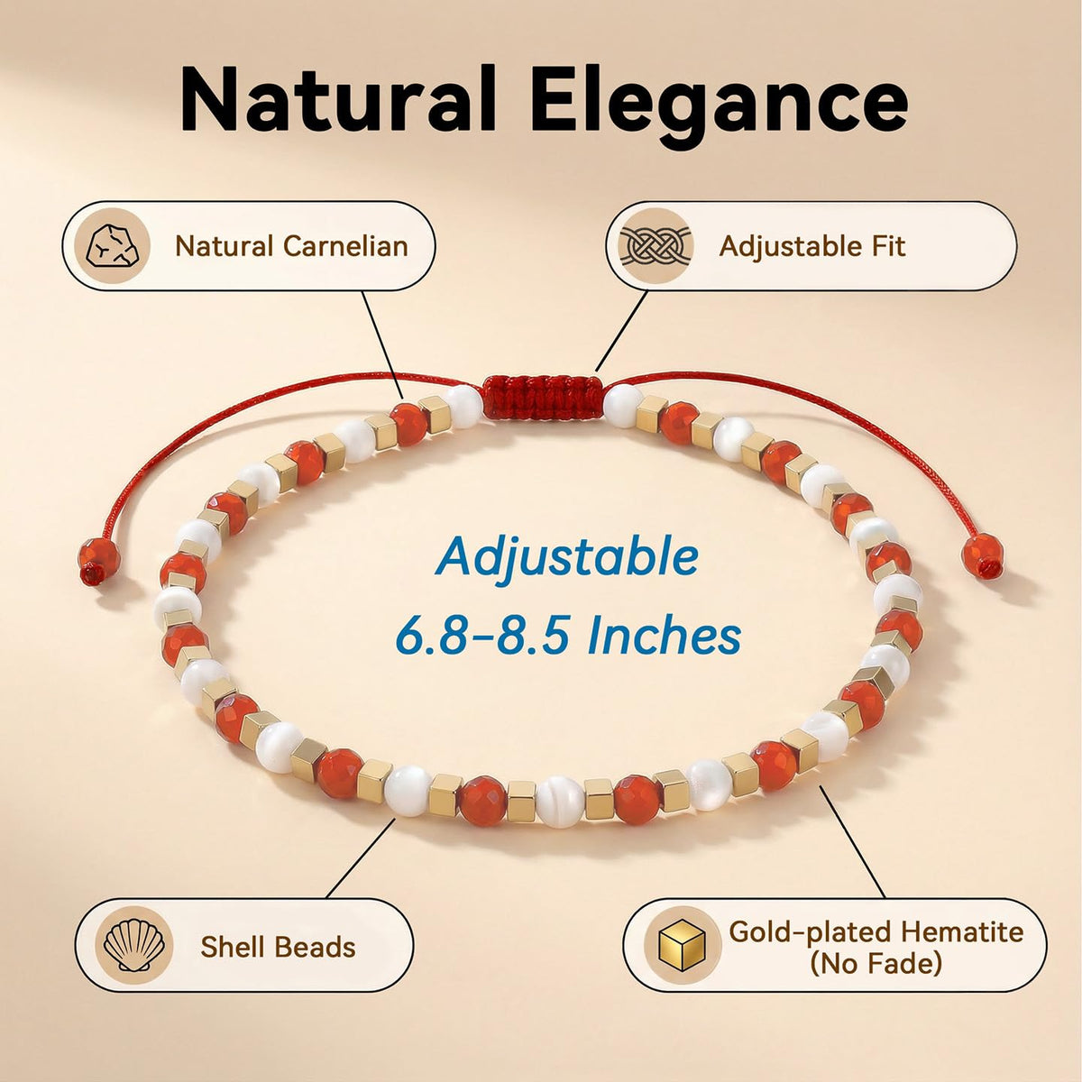BEADSENER Red Carnelian Adjustable Charming Bracelet for Women, 3mm Natural Shell Gemstone Hematite Stone Beads, Pull String Slider Metal Free Design Waterproof, Gift for Her Daily Wear