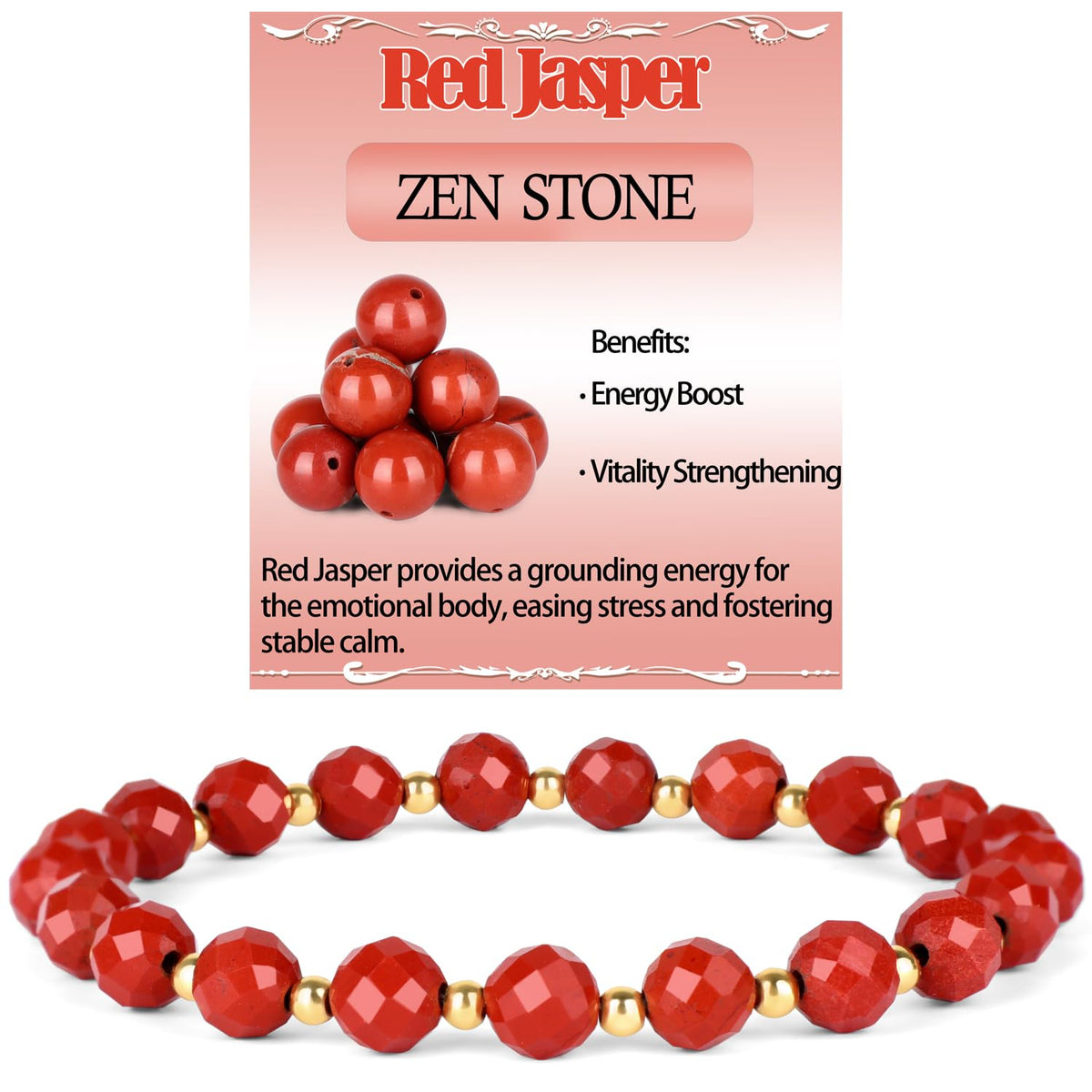 QOGIR Red Jasper - Zen Stone - 14K Gold Plated Beads Natural Gemstone Stretch Elastic Dainty Healing Beaded Bracelets Gifts 6mm