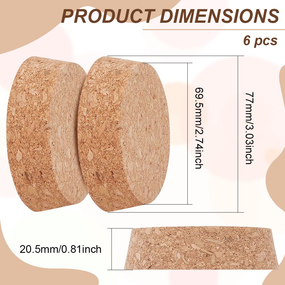 BENECREAT 6pcs Cork Bottle Stoppers, Tapered Design, 3" Diameter, Beige, Conical with Round Top