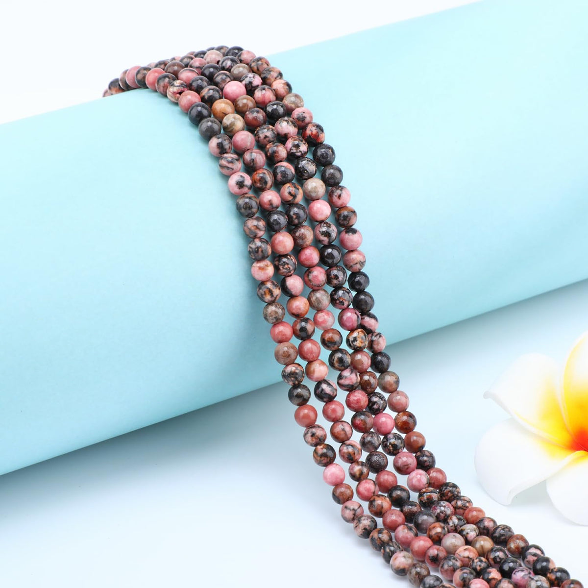CMBYN Natural Stone Beads Round Genuine Real Stone Beading Strand Loose Gemstones DIY Smooth Bead for Bracelet Necklace Earrings Jewelry Making (Pink Black Rhodonite, 4mm 90 Pieces)