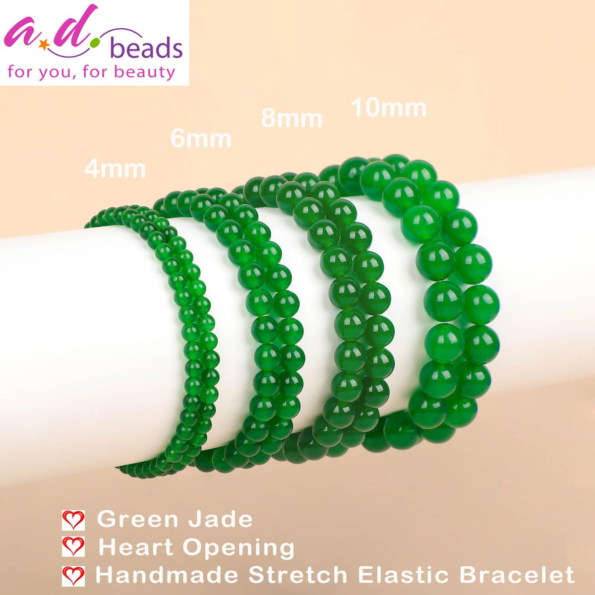 AD Beads Handmade Gemstone Stretch Elastic Bracelet Crystal Healing Reiki Nature's Beauty and Spiritual Essence Unisex (4mm, Green Jade (Heart Opening))
