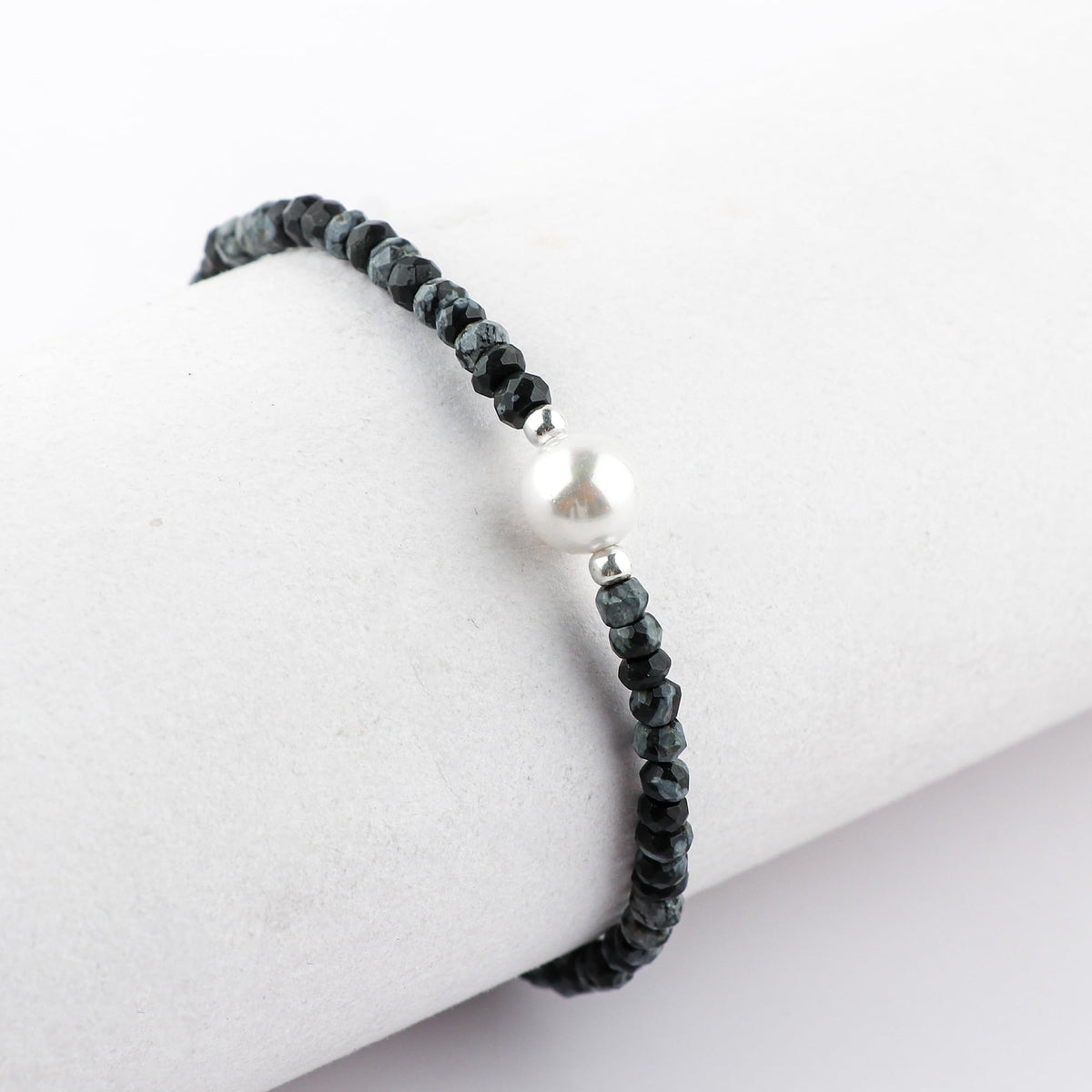 CRYSTALINES Natural Snowflake Obsidian Gemstones Bolo Bracelet | Cultured Pearl Beads | Handmade Beaded Jewelry | Adjustable Silver Chain | Healing Crystal | Gift for Women | 10inch