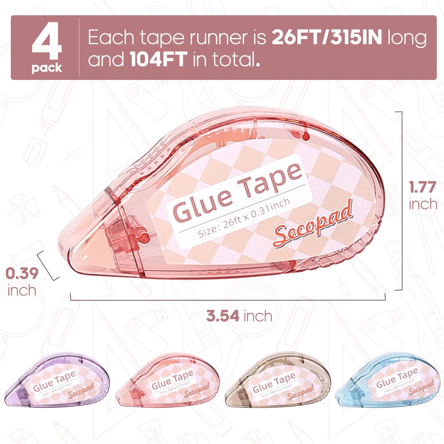 Secopad Scrapbook Tape, 4 Pack Double Sided Tape Roller for Crafts, Adhesive Glue Runner Scrapbooking Supplies Journaling School Office Teacher Supplies, 0.3IN x 26FT, Clear Light-Colored Shell