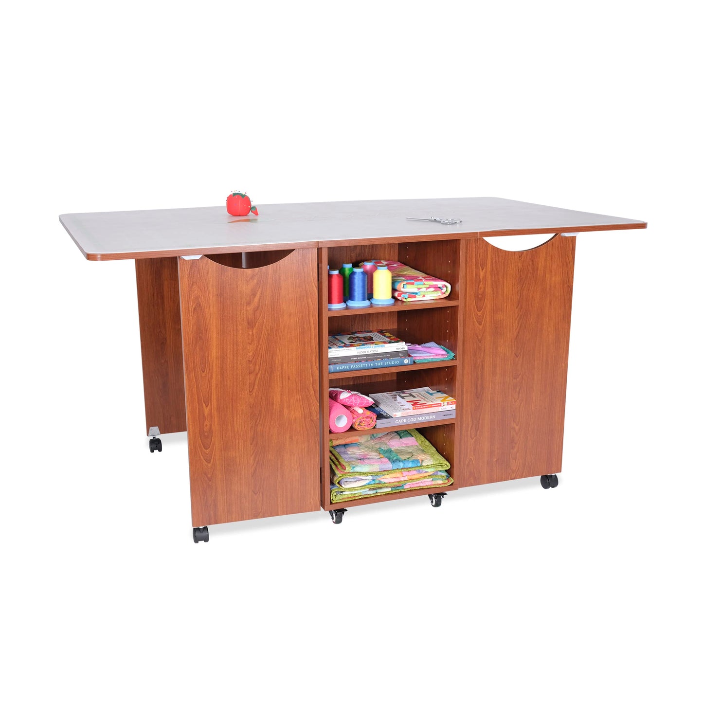 Kangaroo Kookaburra Cutting Table – Large Sewing, Quilting & Craft Workstation with Expandable 70” x 40” Surface, Storage Drawers, Shelves & Rolling Locking Casters, Teak Finish