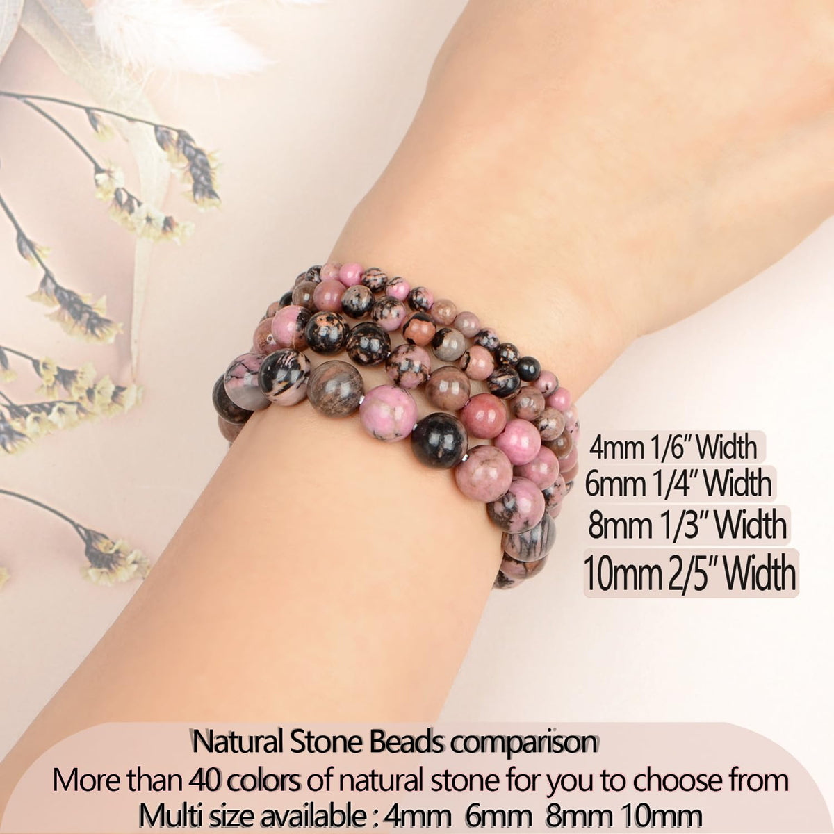 LPBeads Handmade Natural Gemstone Stretch Elastic 4mm Pink Black Rhodonite Bracelet Healing Crystal Round Stone Beads Jewelry Gifts for Women Men