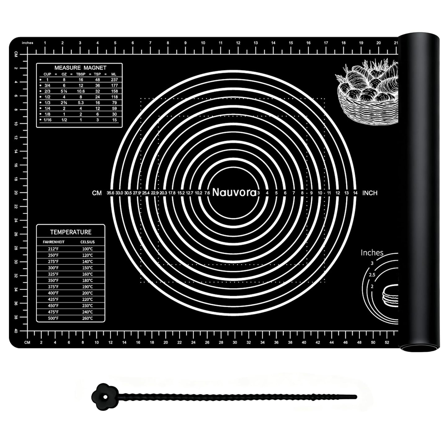 Nauvora Extra Large Baking Mat - 26" Silicone Pastry Mat, Reusable Non-Stick Dough Mat with Measurement for Fondant, Rolling Dough, Pie Crust, Pizza and Cookies, Black