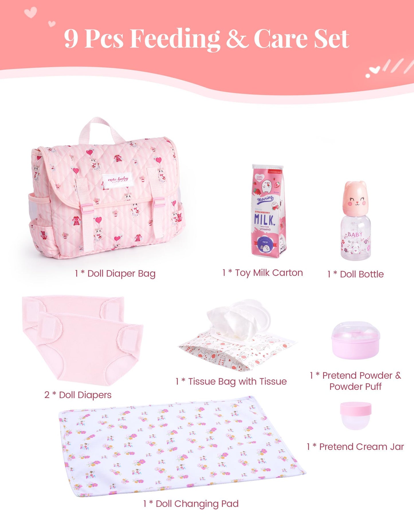 BABESIDE 9 Pcs Reborn Baby Doll Accessories for 17-22 Inch Reborn Dolls, Diaper Bag Set with 2 Diapers, Changing Pad, Bottle, Tissue and Care Set, Great for Children's Pretend Play, Doll Not Included