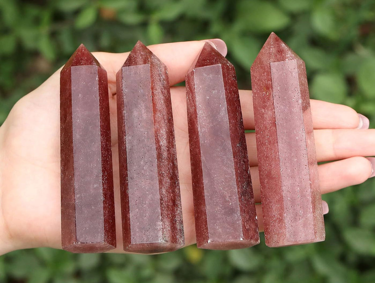 LAIDANLA Strawberry Quartz Healing Crystals Wands 3.5-4" Natural Reiki Energy Wand Stone Hexagonal Point Large Crystal Gemstones for Meditation Therapy Crystal Grid Decoration 1Pcs